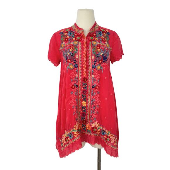 Johnny Was Mikones Embroidered Tunic Top Short Sleeve in Red/Coral Boho S - Picture 1 of 10
